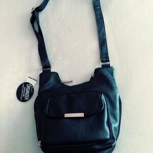 New Black Pocketbook. Lots of zippered and snap pockets.